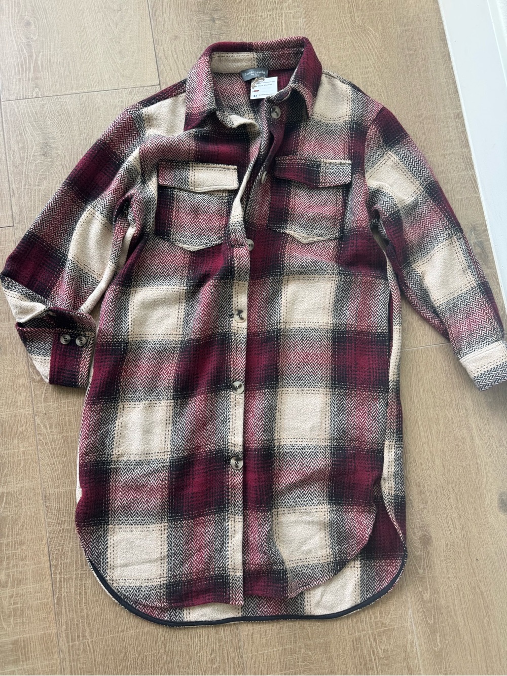 Plaid Button-Up Shacket in Burgundy and Cream